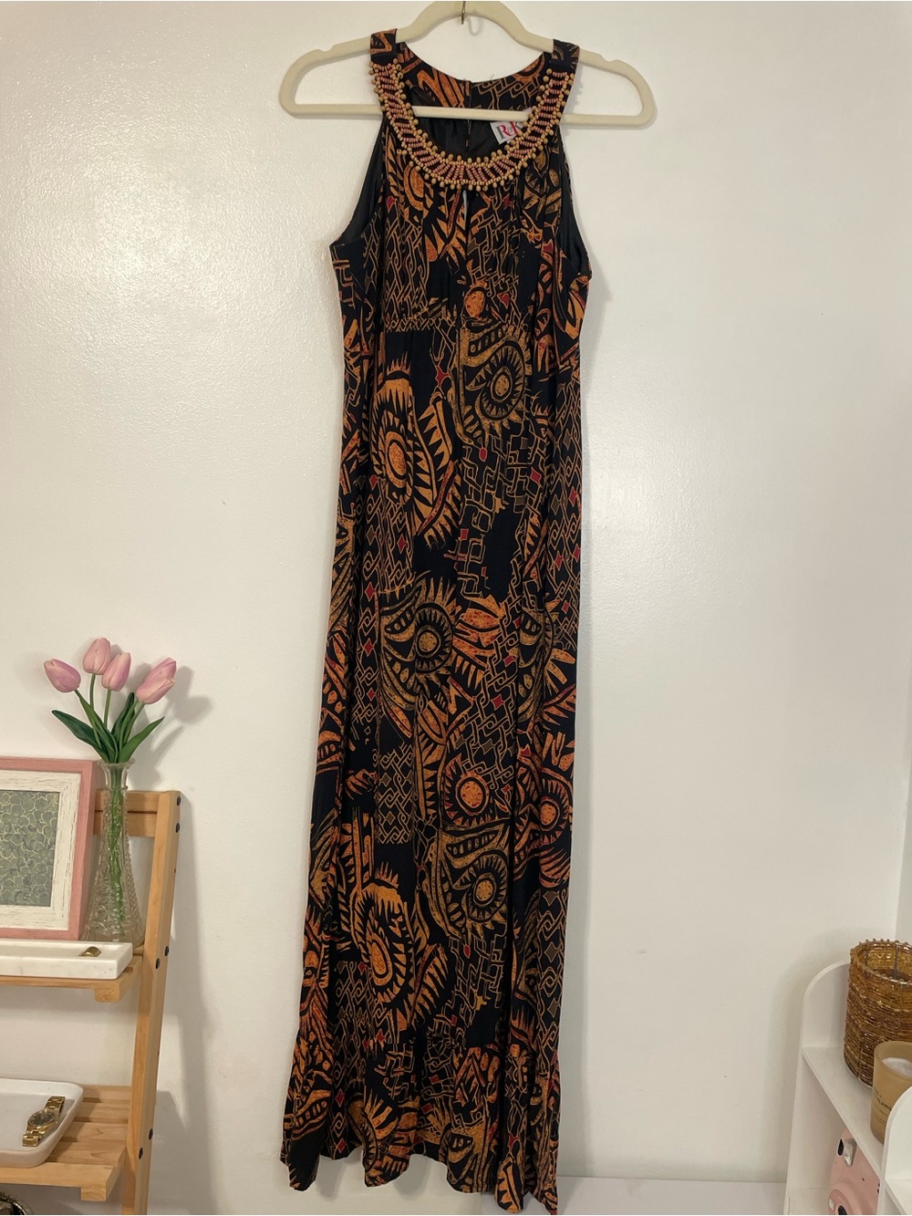 Orange and black patterned maxi dress with bead details R&K size 12